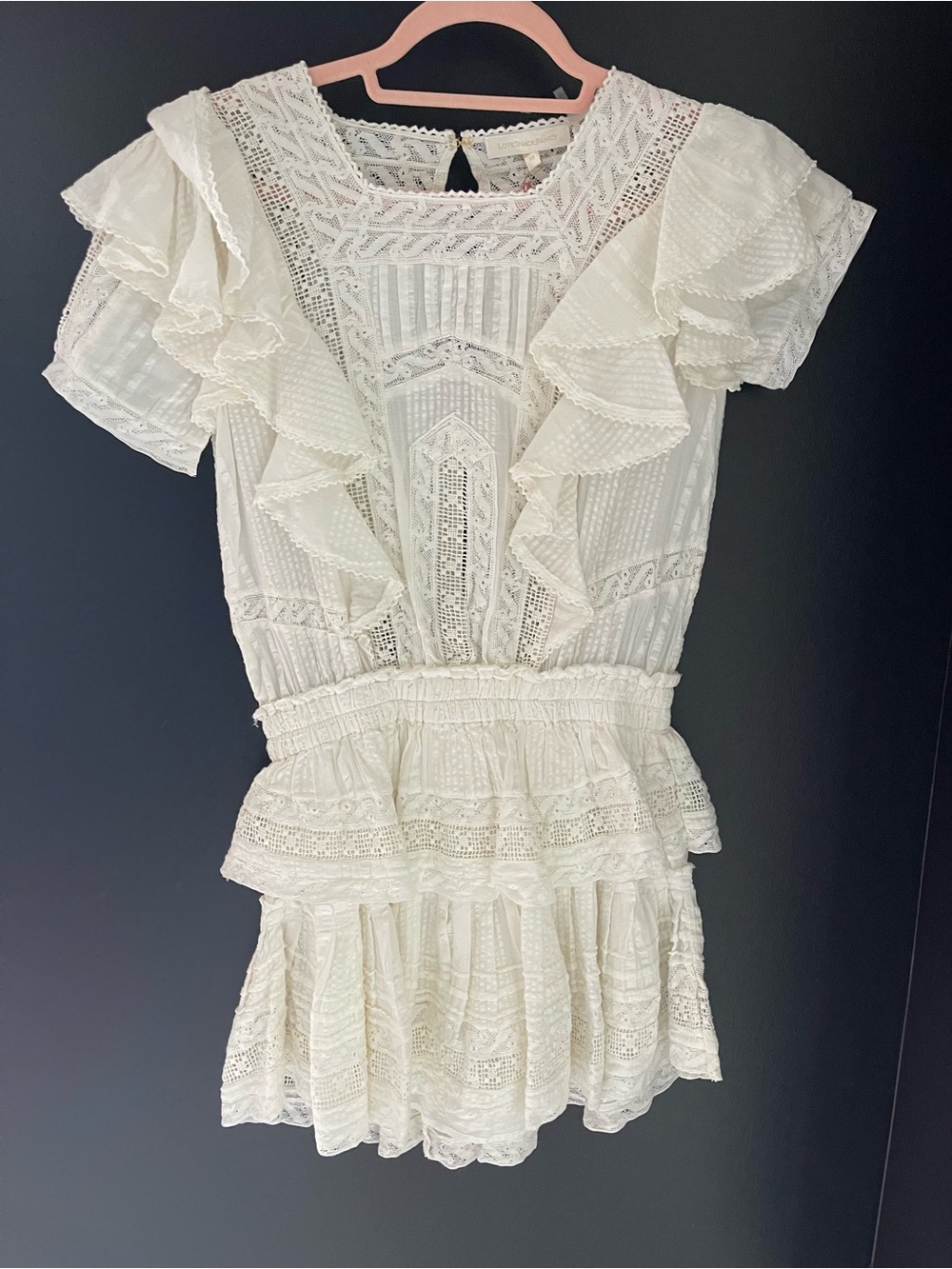 LoveShackFancy White Lace Ruffle Mini Dress